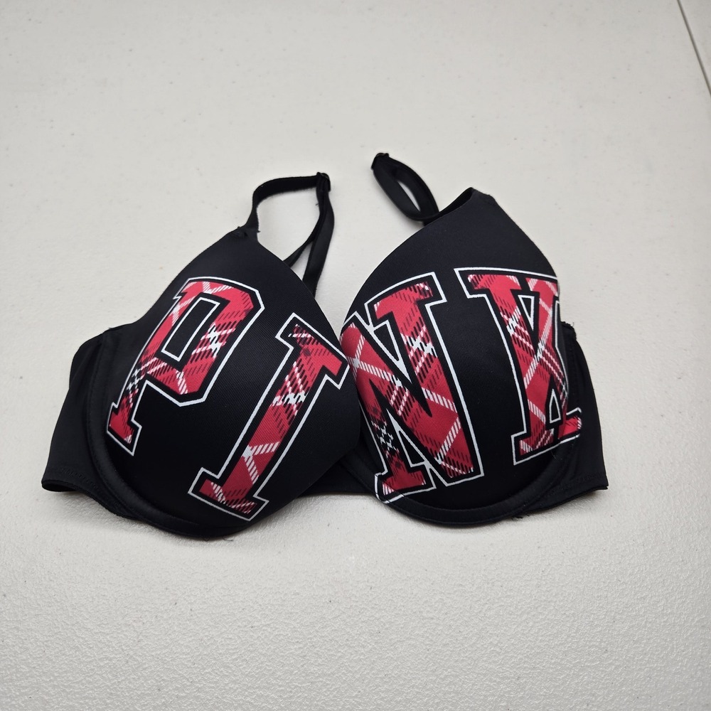 Victoria's Secret PINK Women Bra 32D Black Wear Everywhere Push Logo Plaid